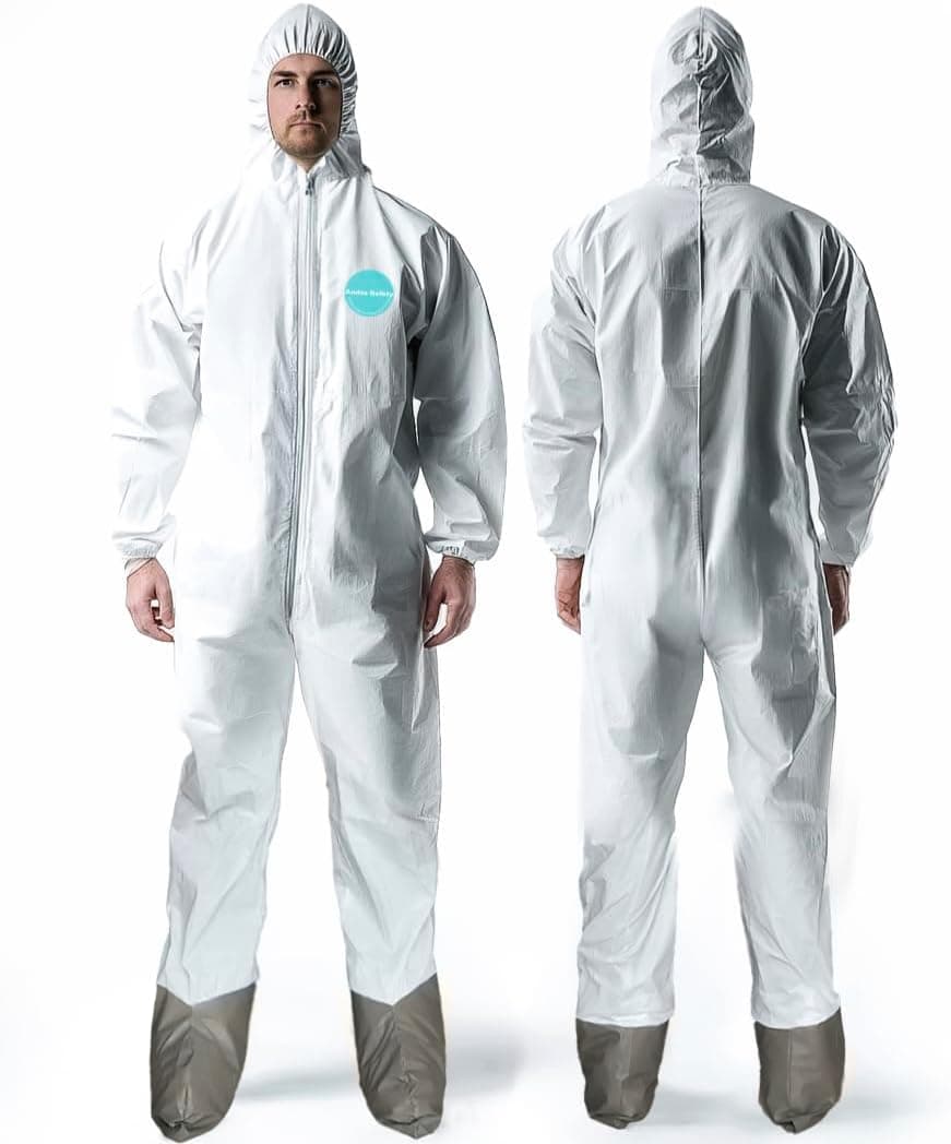 Andes disposable hooded coverall with attached boot covers — product fit shown