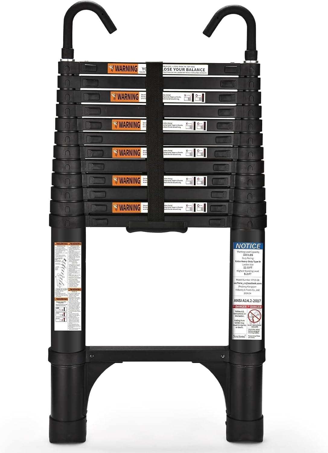 SocTone 12.5-foot telescoping ladder with hooks and stabilizers — shown collapsed